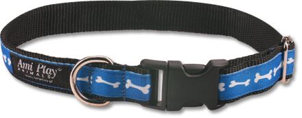 Obojek pro psa nylonový - modrý se vzorem kost - 2,5 x 34 - 55 cm