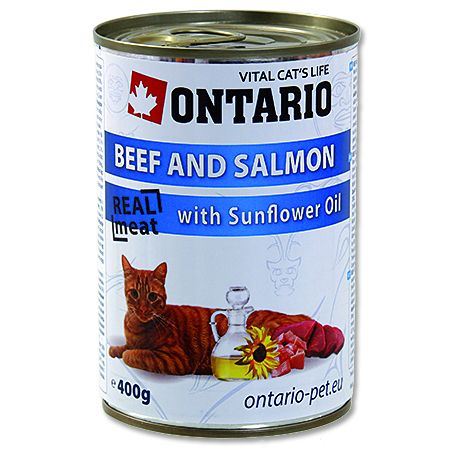 Ontario Beef, Salmon, Sunflower oil - hovězí & losos & slunečnicový olej pro dospělé kočky 400 g