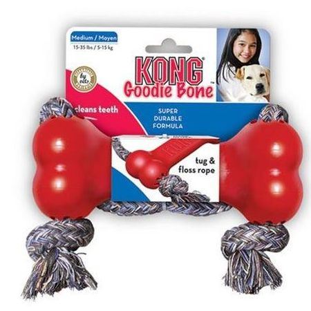 Kong Goodie Bone Kost gumová s přetahovadlem z odolného lana červená - velikost M