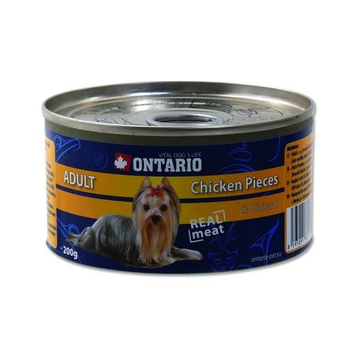 Ontario Chicken Pieces & Gizzard konzerva - kuřecí kousky & žaludky pro dospělé psy 200 g