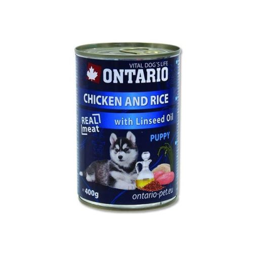 Akce Konzerva pro psy Ontario Puppy Chicken, Rice and Linseed Oil 400g