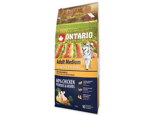 ONTARIO Dog Adult Medium Chicken & Potatoes & Herbs + 2,25 kg ZDARMA