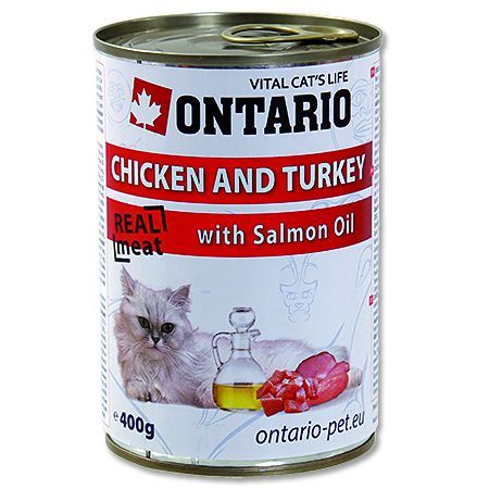 Konzerva pro kočky Ontario Chicken, Turkey, Salmon Oil 400 g