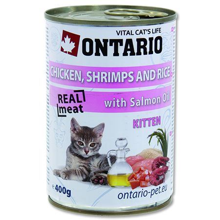 Konzerva pro kočky Ontario Kitten Chicken, Shrimp, Rice and Salmon Oil 400 g